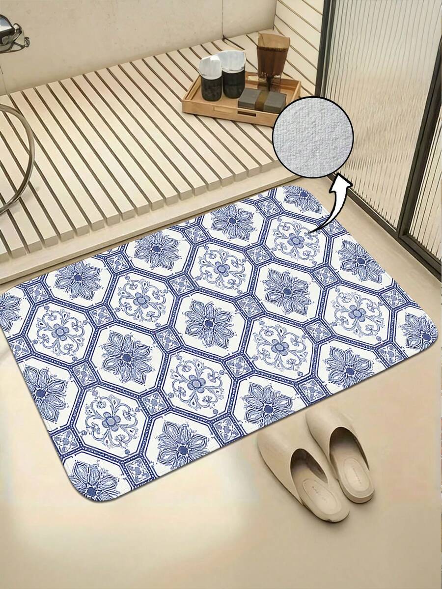 1pc Blue Floral Pattern Door Mat, Flannel Printed Floor Mat, Bathroom Absorbent Mat, Bedroom Bedside Mat, Flannel Modern Style Polyester Rectangular Carpet, Washable Decorative Carpet Floor Mat, Soft Comfortable Pet Mat, Washable Kitchen Foot Mat, Suitable For Entrance, Foyer Daily Home Scenes, Multi-Purpose Door Mat, Small Floor Mat - Multicolor - View 1