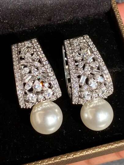 1 Pair Luxurious Cubic Zirconia & Faux Pearl Dangle Earrings, Designed For Women, Suitable For Weddings, Engagements, Anniversary Parties, Valentine's Day Gifts