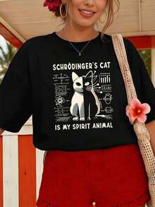 100% Cotton. Women's Fun Cat Print T-Shirt, Casual, Urban, Hip-Hop Style, Breathable, Graphic Design. Women's Simple Solid Color T-Shirt, Loose And Slim Fit Casual Short Sleeve - 黑色 - 查看 1