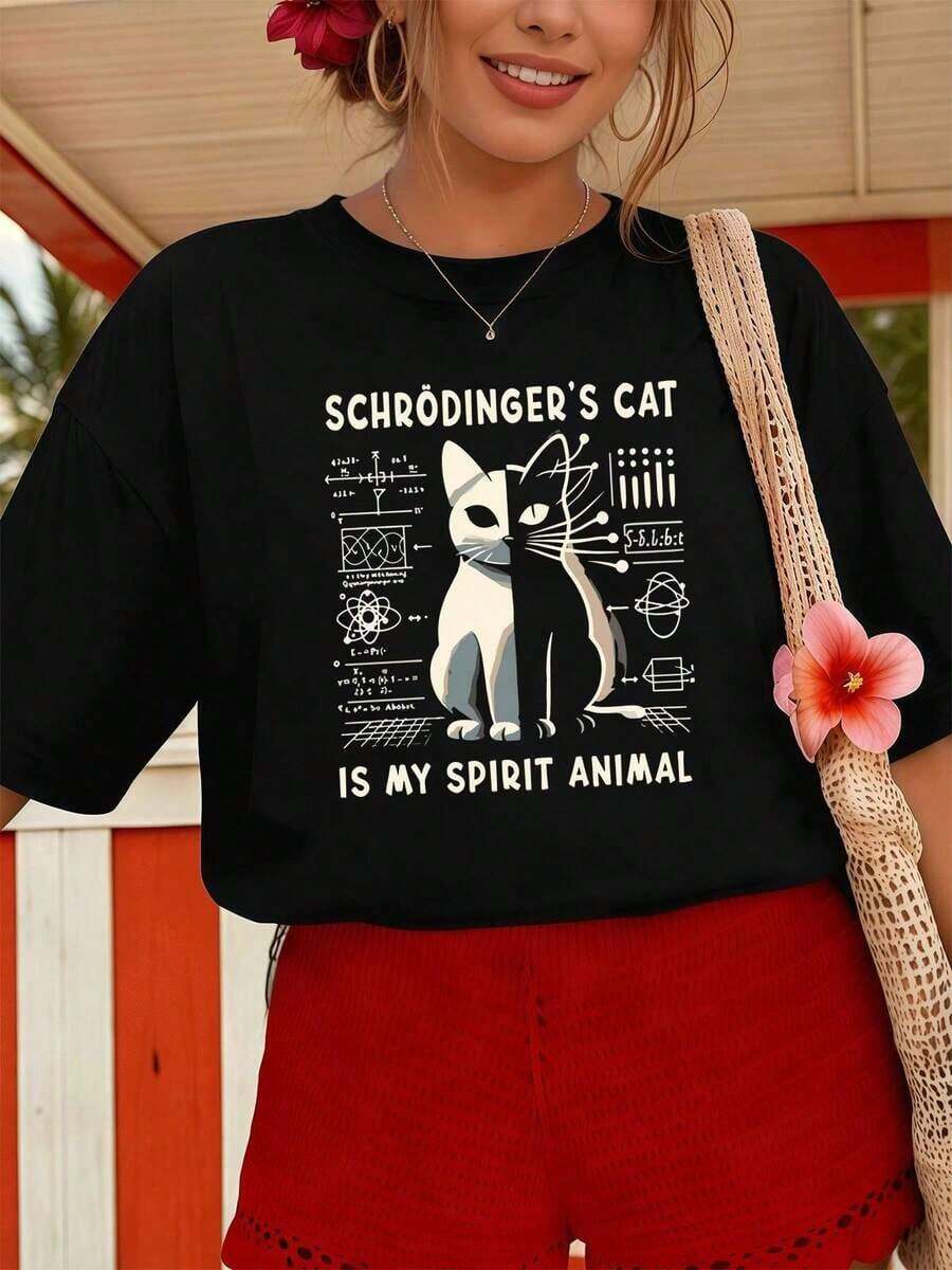 100% Cotton. Women's Fun Cat Print T-Shirt, Casual, Urban, Hip-Hop Style, Breathable, Graphic Design. Women's Simple Solid Color T-Shirt, Loose And Slim Fit Casual Short Sleeve - 黑色 - 查看 1