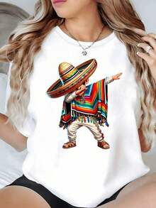 100% Cotton. Figure Of A Man With A Traditional Mexican Hat And Multicolored Poncho Making A Funny Gesture. Women's T-Shirt, 100% Cotton, 220g. Women's Simple Solid Color T-Shirt, Loose And Slim Fit Casual Short Sleeve - 白色的 - 查看 9