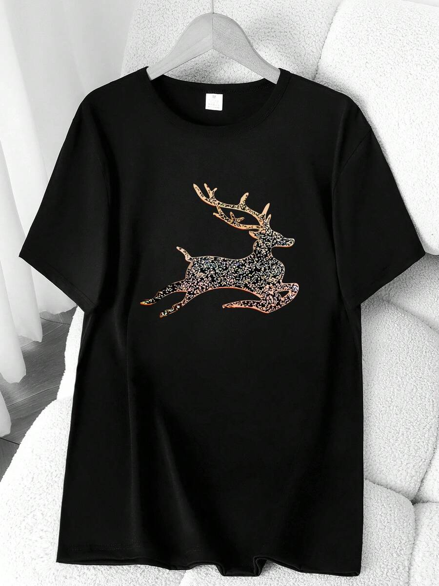 T-Shirt With A Golden Deer Print. Available In 6 Colors, Short Sleeves, Round Neck, High-Stretch Casual Sports Top. Machine Washable. Basic T-Shirt For Spring And Summer. Suitable For All Seasons. Women's Clothing. Elegant Party Outfit, T-Shirt For Stylish Ladies, Blouses Suitable For Curvy Women, Casual Wear, Cool And Breathable Summer Wear, Fun Letter Print. - 黑色 - 查看 1
