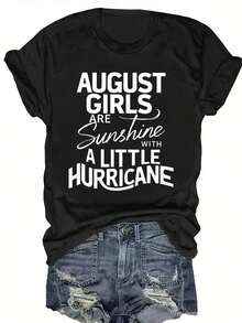 Letter Print T-Shirt, Short Sleeves And Round Neck, Casual Top For Summer And Spring, Women's Clothing - 黑色 - 查看 1