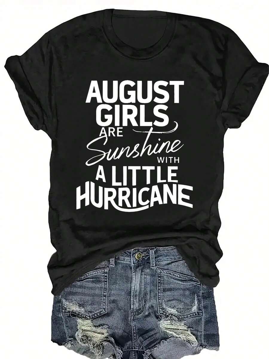 Letter Print T-Shirt, Short Sleeves And Round Neck, Casual Top For Summer And Spring, Women's Clothing - 黑色 - 查看 1