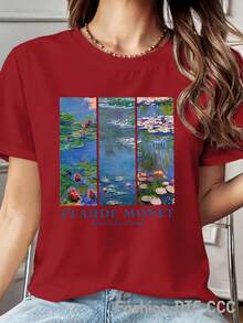 Women's Elegant And Beautiful Pure Cotton T-Shirt Y2K Style, Fashionable Short Sleeve Top, Urban Hip Hop Style, Casual And Breathable, Printed Design, Ideal For Beach Trips, Gym, Summer Clothes, Outdoor Sports, Gift, Artistic Water Lily Pattern. - 紅色 - 查看 7