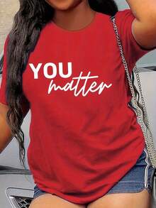 Women's Casual Crew Neck T-Shirt With "You Matter" Print, 100% Polyester Knit Fabric, Short Sleeves, Regular Fit, Comfortable For All Seasons, Inspirational Clothing. | Casual Style T-Shirt | Women's Medium-Stretch Top - 紅色 - 查看 8