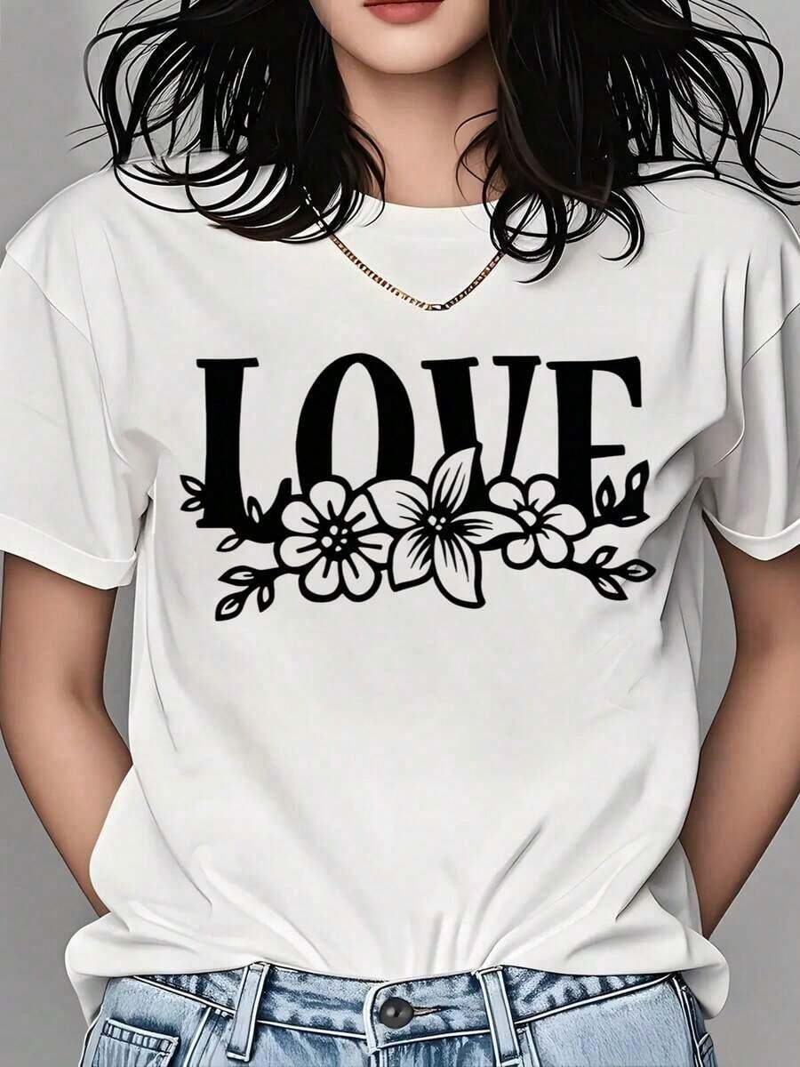 Women's Floral Love Design T-Shirt, Graphic T-Shirt For Women, Casual Summer Top With Floral Print, Unisex Urban Fashion T-Shirt - 白色 - 查看 1