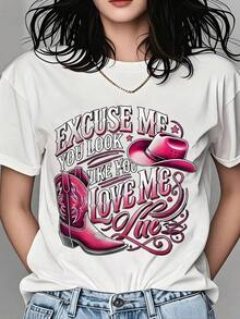 Women's T-Shirt "Excuse Me You Look Like You Love Me" Country Western Style With Pink Boots And Hat Design For Women, Cowgirl Fashion, Gift For Country Music Fans, Clothing For Birthdays, Christmas And Parties. - 白色 - 查看 1