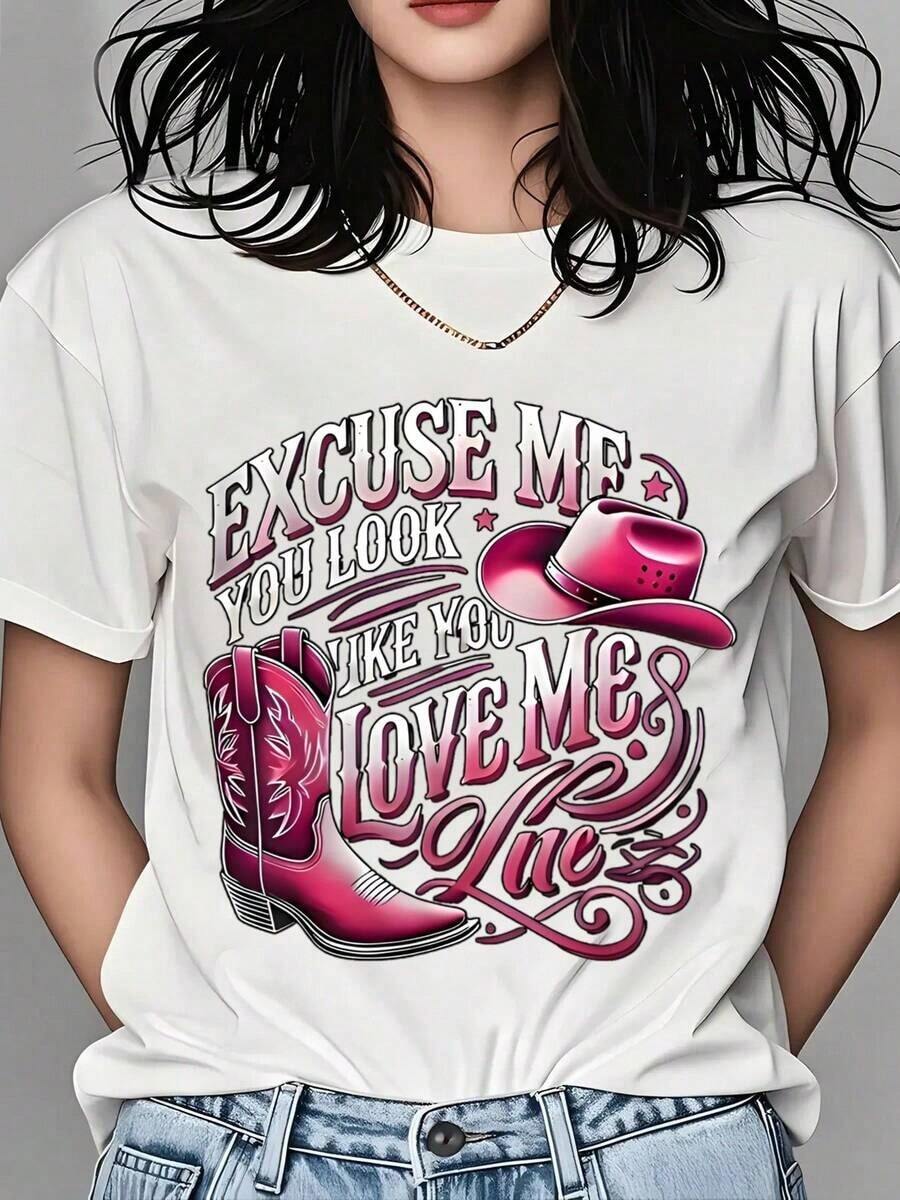 Women's T-Shirt "Excuse Me You Look Like You Love Me" Country Western Style With Pink Boots And Hat Design For Women, Cowgirl Fashion, Gift For Country Music Fans, Clothing For Birthdays, Christmas And Parties. - 白色 - 查看 1