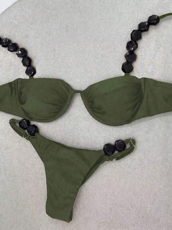 Nuevo Llegado Oficial Polovedo Primavera/Verano Sexy Bikini de Mujer Color Verde Militar Sólido, Traje de Baño para Playa, Fiesta, Cita, Vacaciones
