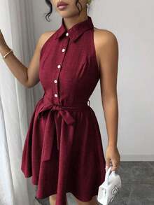 Elenzya Vestido de cuello de camisa sin mangas con tela de efecto lino de dos tonos y efecto de mezclilla, silueta en línea A, diseño elegante y romántico, adecuado para uso al aire libre - Burdeos - Ver 6