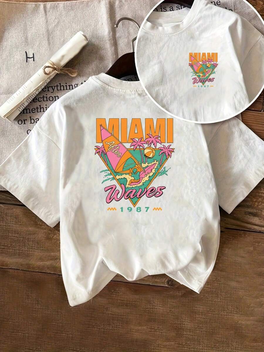 | Exquisite Design | Loose And Comfortable | Easy To Match | Women's Miami Beach Surf Print T-Shirt With Front And Back Print, Crew Neck, Casual Short Sleeves, Comfortable Fit, Soft Fabric, Classic Design, A Must-Have Fashion Item For Women. - 白色 - 查看 1
