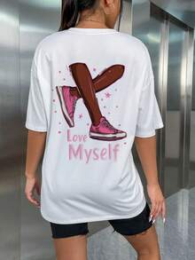 | Exquisite Design | Loose And Comfortable | Easy To Match | T-Shirt With A "I Love Myself" Print And A Confident Illustration To Showcase Vitality And Convey The Idea Of Self-Love. Made From 180g Cotton, Slightly Stretchy, Comfortable To Wear, And Machine Washable, It's The Perfect Choice For A Confident, Everyday Casual Style - Women's Cotton T-Shirt. - 白色 - 查看 5