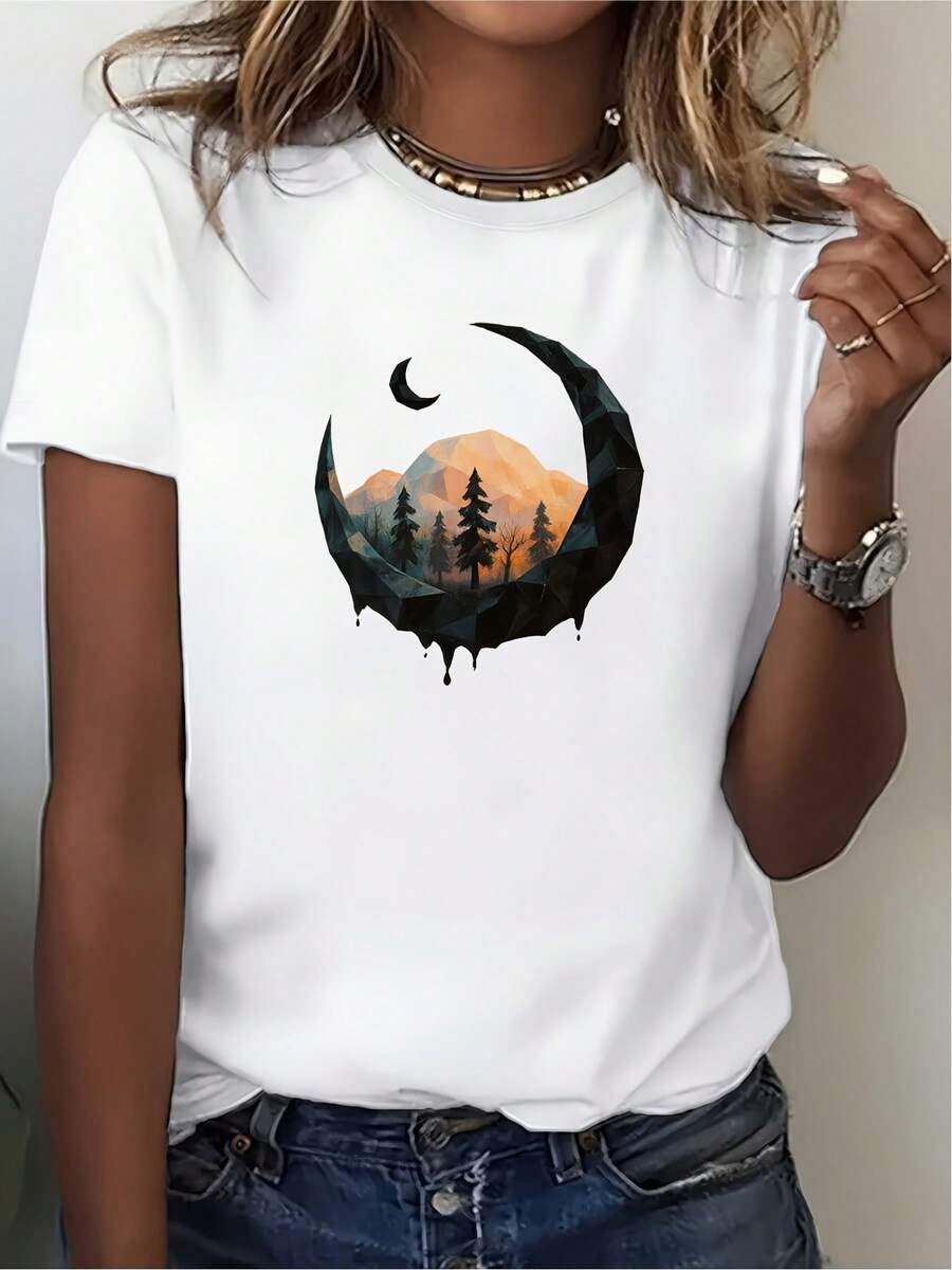 Women's Casual Sports T-Shirt With Geometric Crescent Moon Graphic - White Elastic Crew Neck T-Shirt, Machine Washable, Comfortable Fit For All Seasons, Perfect To Pair With Blue Jeans. - 白色 - 查看 1