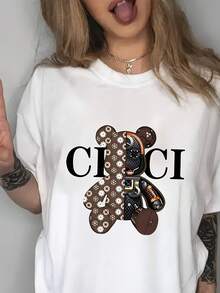 Women's Casual Sports T-Shirt With Brown And Black Bear Graphic - White Elastic Round Neck T-Shirt, Machine Washable, Comfortable Fit And Suitable For All Seasons, Fun And Playful Style. - 白色 - 查看 1