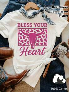 Women's Vintage Graphic Tee - Soft And Breathable Short Sleeve T-Shirt With "Bless Your Heart" Design, Rusty Skull And Leopard Spots, Pink Cursive Lettering And Cow Skull Print For Casual Wear, Western Theme Parties. Breathable And Comfortable. - 白色 - 查看 10