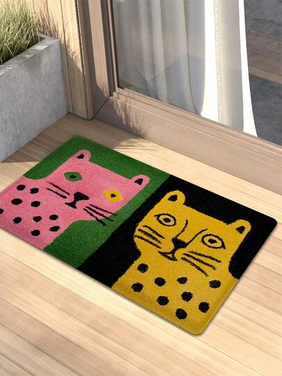 1pc Rectangular Bath Mat, Featuring Creative Artistic Pink & Yellow Tiger Pattern, Made Of Microfiber Polyester Crystal Velvet, Suitable For Bathroom, Living Room, Bedroom, Dining Table And Entryway Decor
