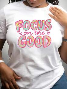 Women's Colorful And Inspirational Cotton T-Shirt - Short Sleeve, Slim Fit, Casual Printed T-Shirt - White T-Shirt With Pink, Green, And Yellow Spiral Lettering That Reads "FOCUS On The GOOD," Decorated With A Heart. | Perfect For Spreading Positivity And Positive Energy. | Casual, Comfortable, And Fashionable Everyday Wear. Just One Piece: Women's Blouses - 白色 - 查看 1