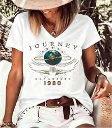 Women's Vintage T-Shirt With 1980s "Journey Departure" Print, Casual Style, Short Sleeve, New Summer And Autumn Collection, Comfortable, Round Neck, Unisex, Suitable For Casual Daily Outings, Short Sleeve Summer Top, Retro T-Shirt With Y2K Print. - 白色1 - 查看 3