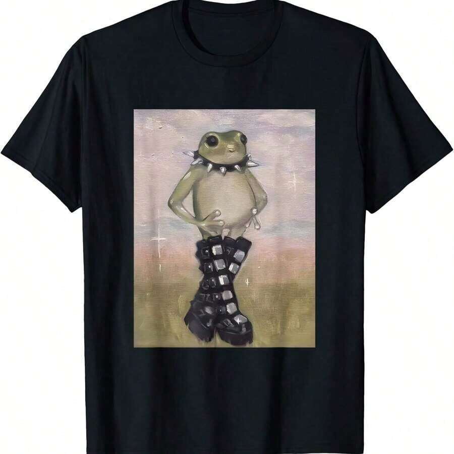 1 Piece Of Soft Gothic T-Shirt With Emo Frog Design, Cottagecore Style, 2000s Retro Aesthetic. - 黑色 - 查看 1