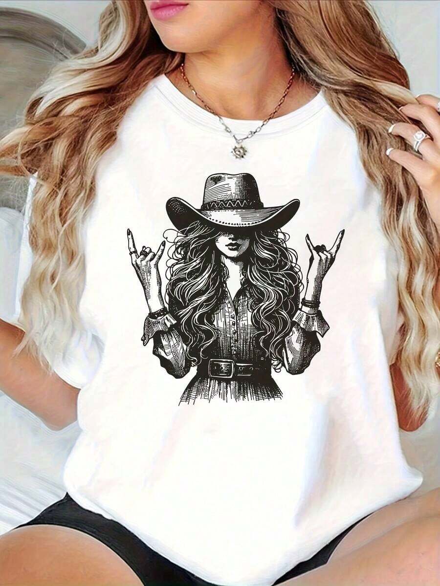 Women's Western Style T-Shirt With Hand Gesture Print, Casual Round Neck, For Music Festivals, Solid Color, Soft, For Everyday Wear, Versatile, Fashionable, Minimalist, Loose Fit. Suitable As A Gift. Women's T-Shirt. Blouses > Elegant. Boho Chic. Soft, Breathable, And Comfortable Women's Top, Ideal For Spring, Summer, And Autumn, Perfect For Vacations, Travel, And Everyday Wear. - 白色 - 查看 1