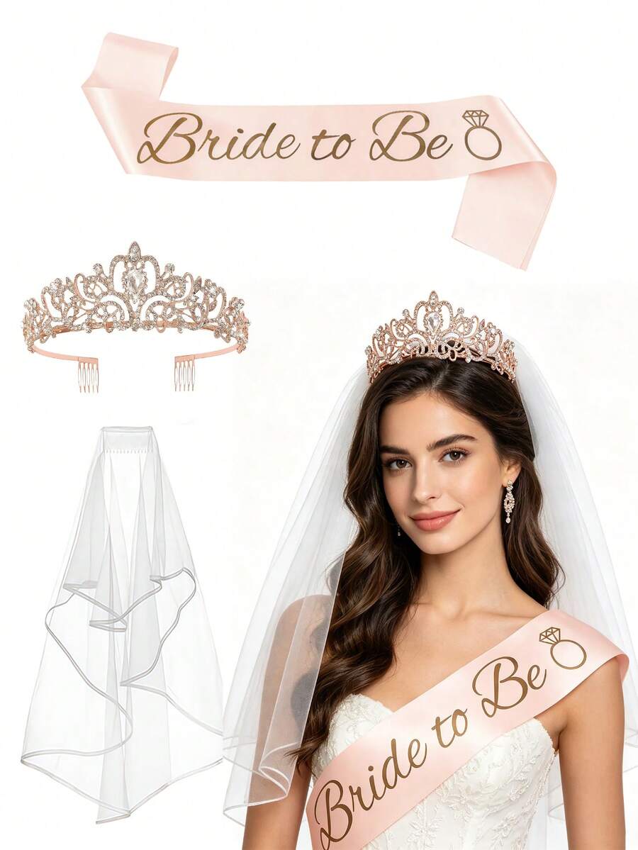 Conjunto de Decoração para Noiva, Faixa de Noiva, Véu de Noiva Branco, Tiara de Noiva, Adequado para Despedida de Solteira, Decoração de Chá de Panela, Decoração de Festa de Despedida de Solteira em Ouro Rosé, Jogos de Festa de Despedida de Solteira da Noiva