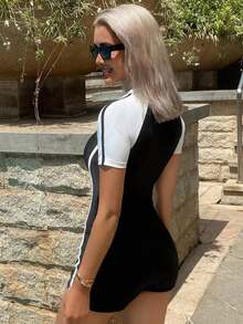 1 pieza Traje de baño deportivo de color block empalmado para buceo y vacaciones - Azul - Ver 6