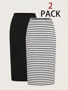 2 piezas Conjunto de falda casual de mujer a rayas y de unicolor, Conjunto a juego, Falda, Faldas para mujer, Falda a rayas, Casual - Blanco y Negro - Ver 1