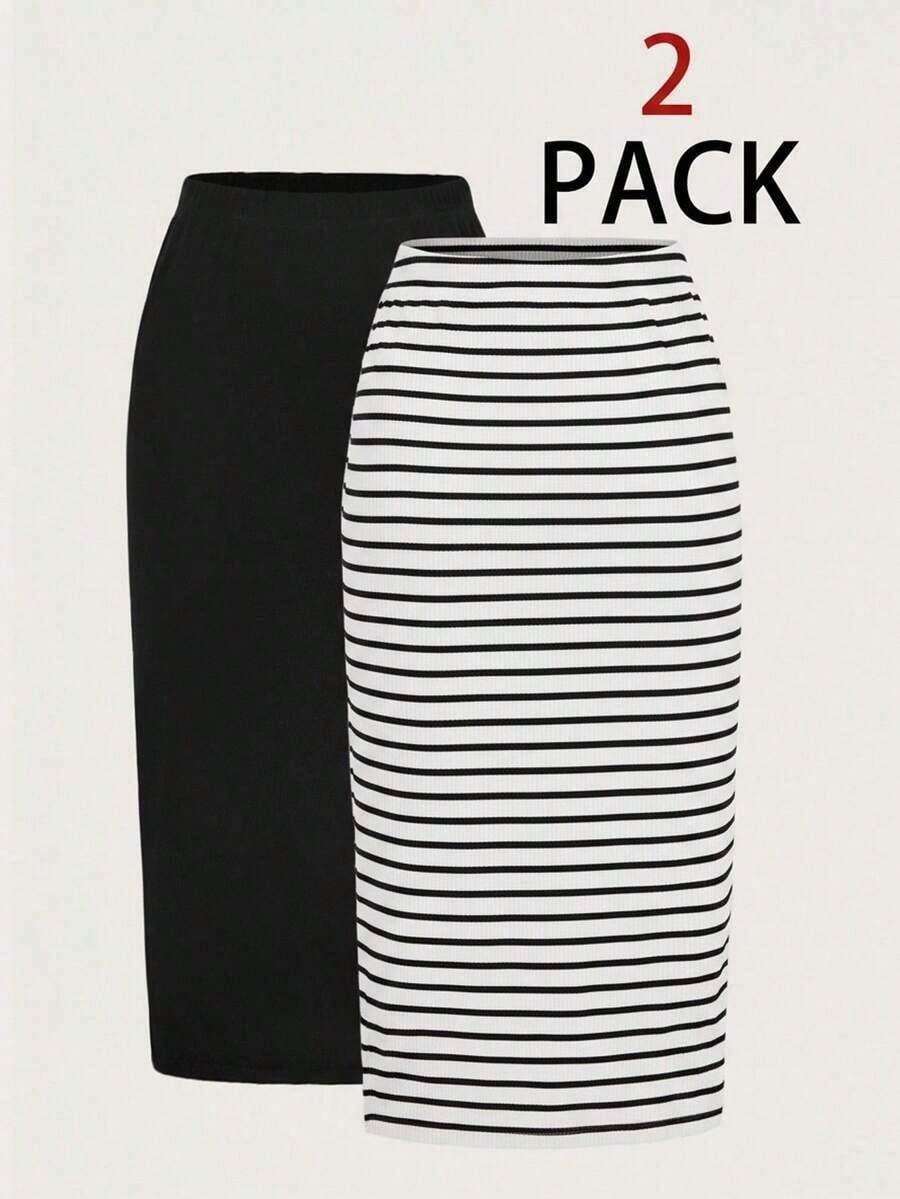 2 piezas Conjunto de falda casual de mujer a rayas y de unicolor, Conjunto a juego, Falda, Faldas para mujer, Falda a rayas, Casual - Blanco y Negro - Ver 1