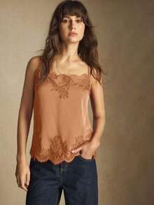 Camiseta sin mangas con ajuste de tirantes y encaje, versátil para usar en primavera/verano, adecuada para Pascua, Día de San Patricio, estilo vintage romántico de los 90, fiesta, playa, graduación, vacaciones, invitado de boda, casual, elegante - Marrón - Ver 5