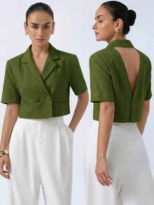 Nueva chaqueta elegante y sofisticada de tela texturizada con cuello de solapa, diseño de espalda cruzada, cintura corta y mangas cortas para estilizar la figura de la mujer - Verde 2 - Ver 9