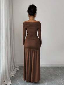 Vestido de punto ajustado de manga larga con hombros descubiertos, elegante y vintage, adecuado para otoño/invierno, Halloween - Café integral - Ver 2