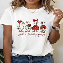 Camiseta informal de algodón blanco para mujer con un bonito estampado de ganso, manga corta, cuello redondo. - Blanco - Ver 1