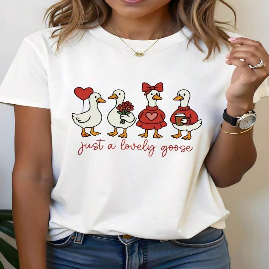 Camiseta informal de algodón blanco para mujer con un bonito estampado de ganso, manga corta, cuello redondo. - Blanco - Ver 1