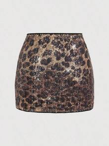 Minifalda elegante y sexy con estampado de leopardo y lentejuelas para fiesta - Multicolor - Ver 2