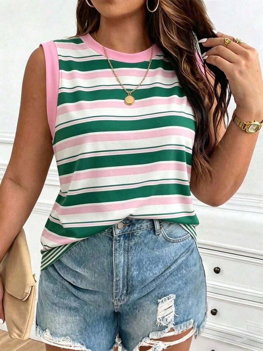 Chaleco sin mangas de mujer de talla grande, casual, de cuello redondo y con estampado de limón, de hombros anchos - Multicolor - Ver 1