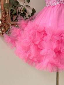 Elegante y lujoso vestido corto hecho a mano con aplicaciones bordadas, encaje de ganchillo y parches de satén, con abertura en la cintura, adecuado para citas, fiestas de solteros, galas, bailes, Día de San Valentín - Rosa - Ver 3