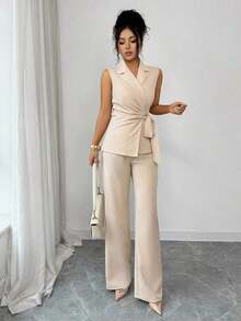 Conjunto elegante y romántico de blazer y corbata de moño para vacaciones y oficina para mujeres - Albaricoque - Ver 5