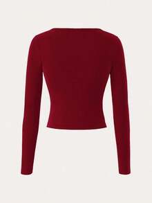 Camiseta de manga larga de ajuste ceñido de unicolor y cuello redondo para mujer, adecuada para verano y otoño/invierno, top azul marino, top de manga larga azul, top azul para mujer, tops ajustados para mujer, top de cuello de pico para mujer - Burdeos - Ver 3