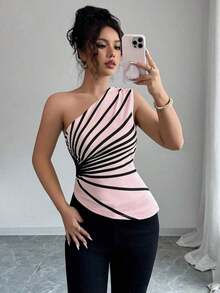 Blusa de punto con estampado de hombro oblicuo elegante para vacaciones de verano para mujer - Rosa Pálido - Ver 6