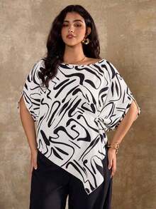 Blusa asimétrica de manga corta y hombros casuales franceses para mujer de talla grande - Albaricoque - Ver 6