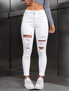 Jeans pitillo de talle alto y rotos - Blanco - Ver 4
