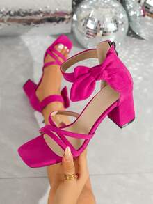 Sandalias elegantes y glamorosas con tacón grueso de punta cuadrada y decoradas con rhinestones, adecuadas para banquetes y fiestas, de moda y versátiles - Rosa Fucsia - Ver 5
