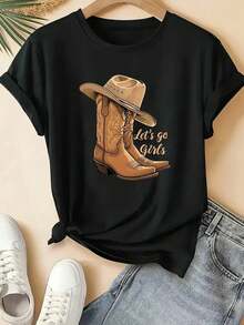 Women's Short Sleeve Cowboy Style T-Shirt With Monogram Print Of Boots And Cowboy Hat - Ideal For Spring, Summer, And Autumn, For Casual Wear, Cowboy-Themed Events, And Everyday Outfits - Women's Non-Round Neck Blouse - 黑色 - 查看 8