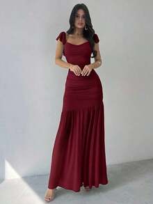 Vestido ajustado con volantes en el bajo, cintura anudada y malla verde elegante para mujeres, adecuado para fiestas, vacaciones, festivales de música, temporada de bodas, brunch, Día de San Patricio, vestidos largos bohemios para mujeres, Fairycore, atuendos de vacaciones, vestidos de graduación, atuendos de playa, atuendos de aeropuerto - Burdeos - Ver 8