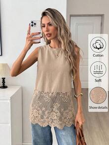 Top de mujer sin mangas de cuello redondo con dobladillo de encaje, primavera/verano - Camel - Ver 5