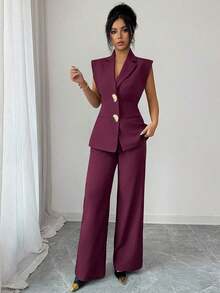 Conjunto de blazer de unicolor con decoración de hebilla metálica y bolsillo falso + pantalones rectos de cintura alta y sueltos, estilo vintage francés elegante para oficina, viajes, negocios, casual, citas, primavera/verano - Granada - Ver 8