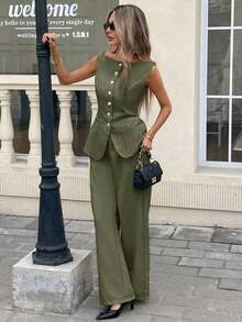 Set de 2 piezas para mujer con top sin mangas con botones delanteros lisos y pantalones largos, conjunto casual - Verde - Ver 3