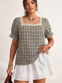 Blusa de manga corta con cuello cuadrado y parches de encaje de talla grande, blusa de manga abullonada - Negro - Ver 4