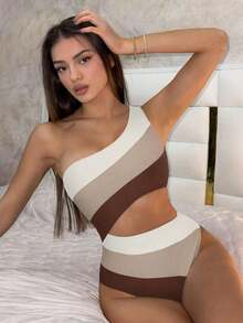 Traje de baño de una pieza con bloque de color y un solo hombro para mujer, ideal para nadar, vacaciones y playa en verano - Multicolor 2 - Ver 2
